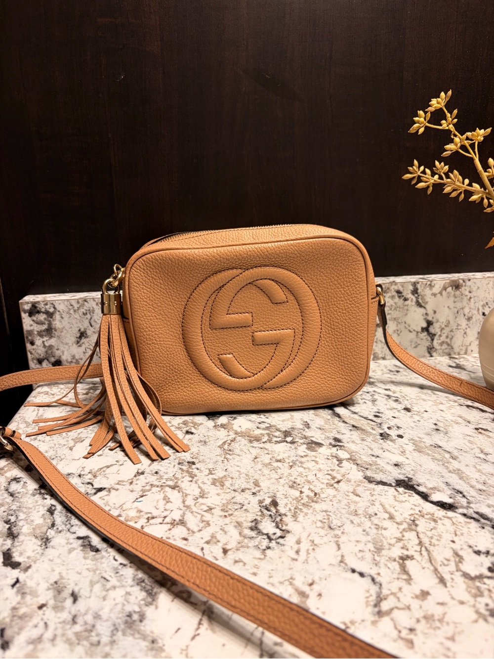 Gucci Tan Leather Soho Camera Crossbody with Tassel